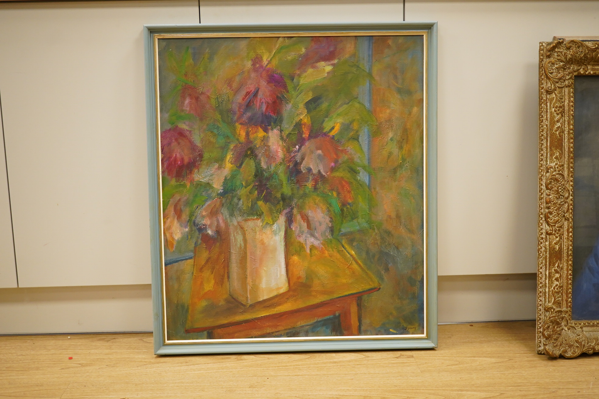 J. Young, oil on canvas, Still life of flowers in a vase, signed, 75 x 65cm. Condition - good, minor craquelure